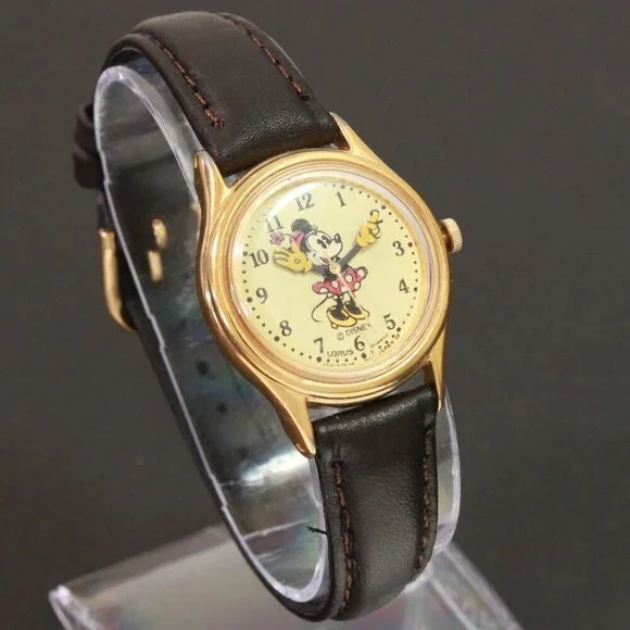 Lorus Ladies Mini Mouse Watch Gold Tone Case New Brown Leather Strap And Battery